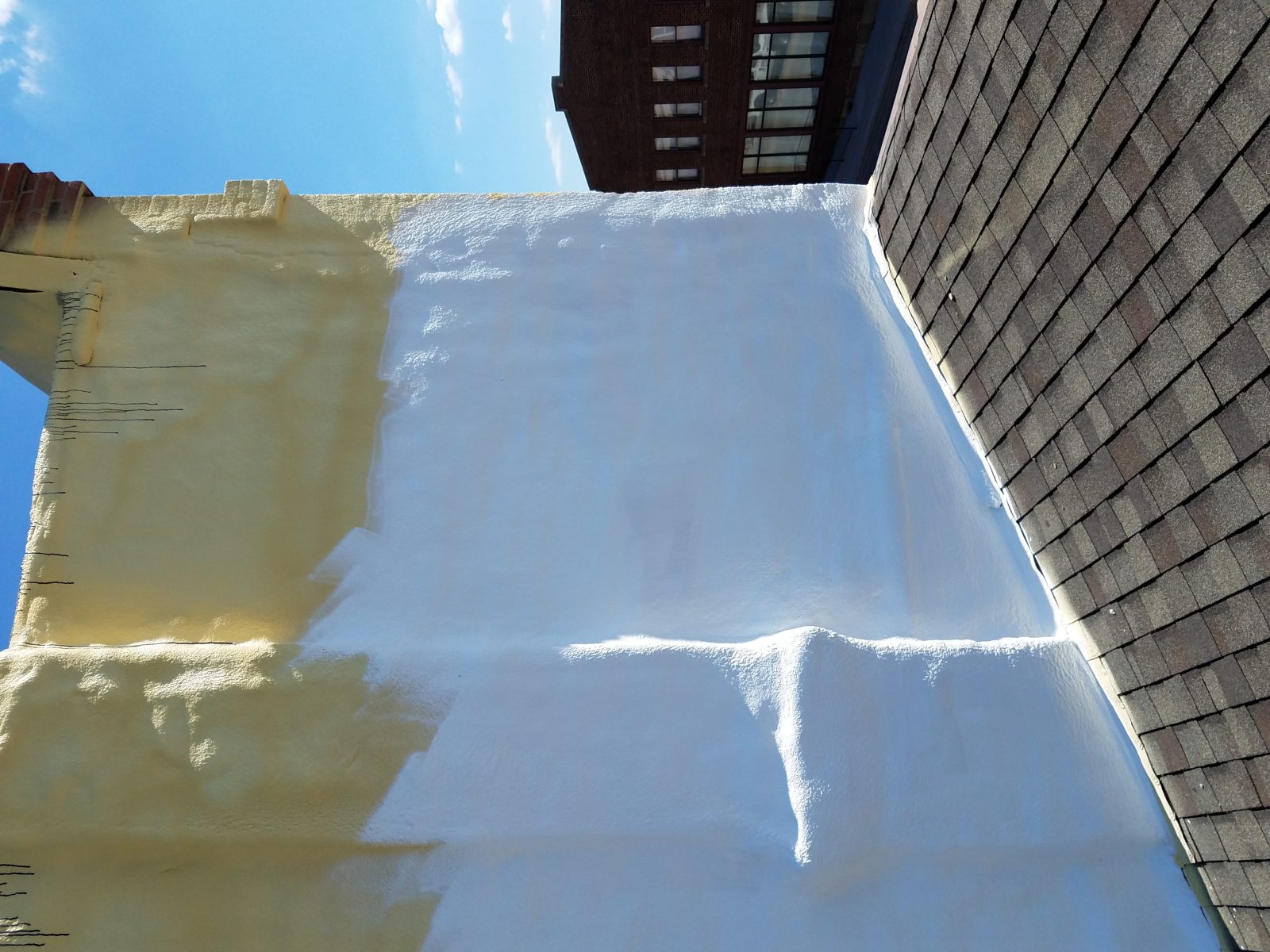 Closed-cell spray polyurethane foam applied to a building interior